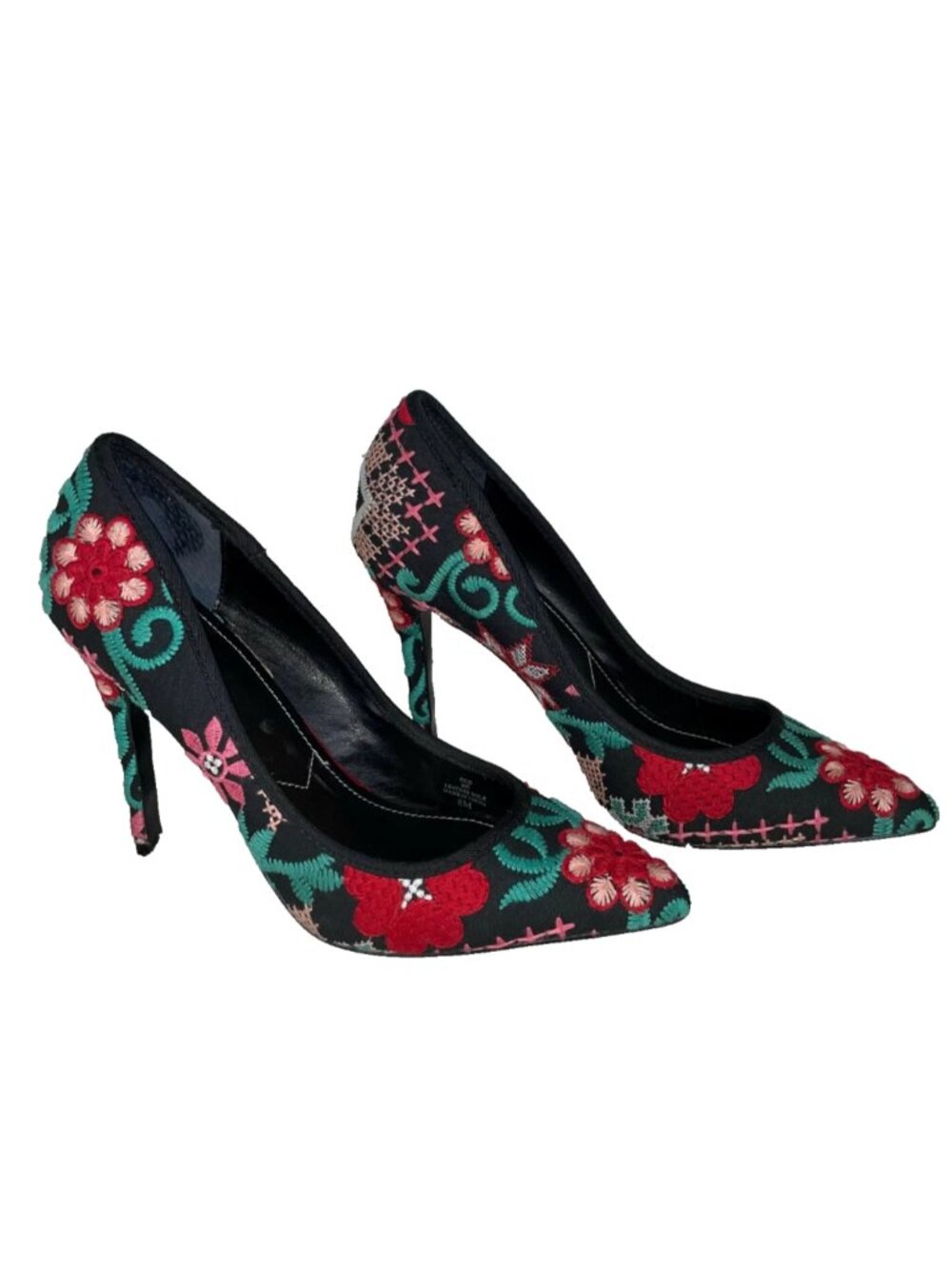 CHARLES DAVID Floral Embroidered Addie Pump Black Colorful Heel Shoe Women 7.5 8
